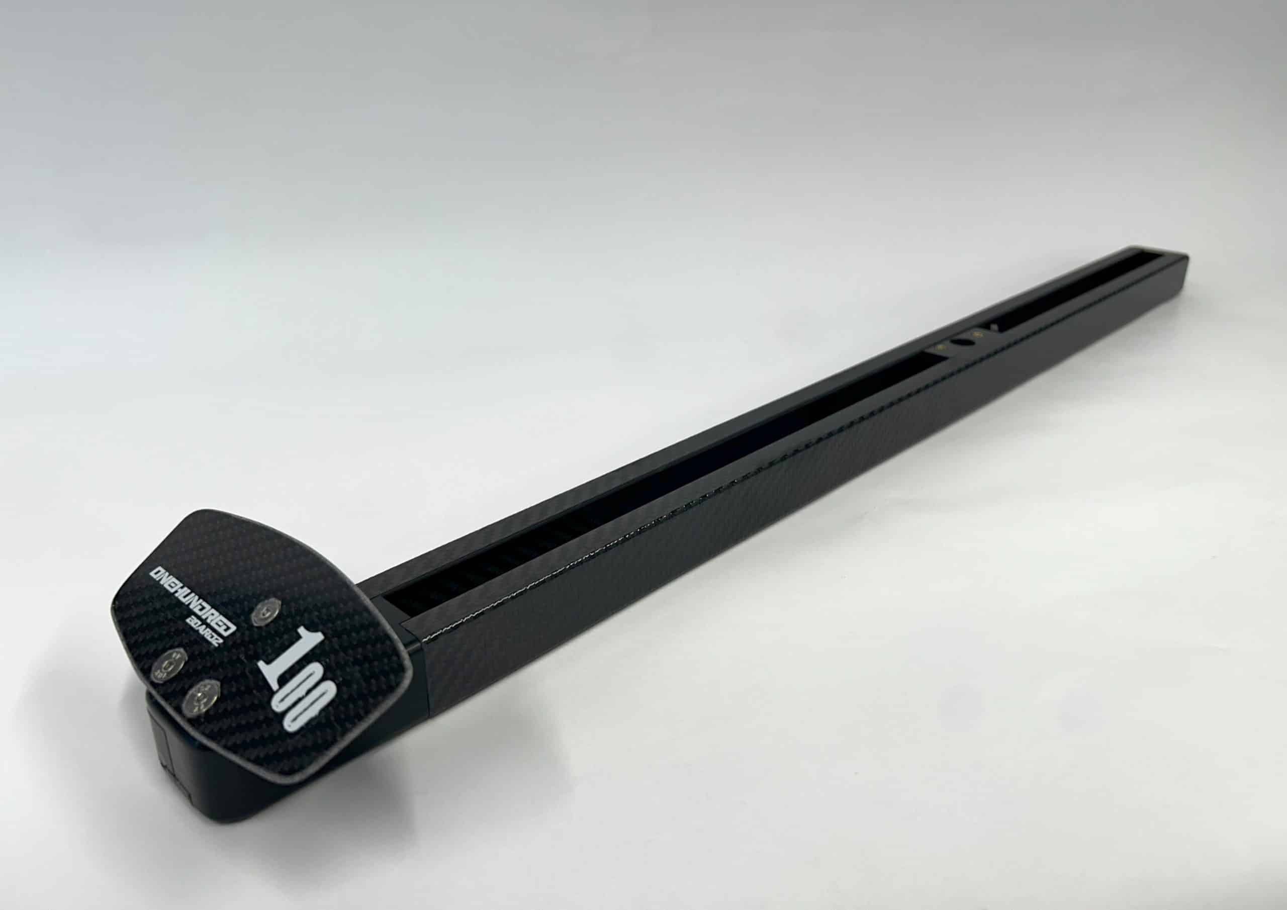 Updated carbon mast track with prepreg carbon channel and aluminium pedal forks. Compatible with Raceboard and Division II windsurfing boards.