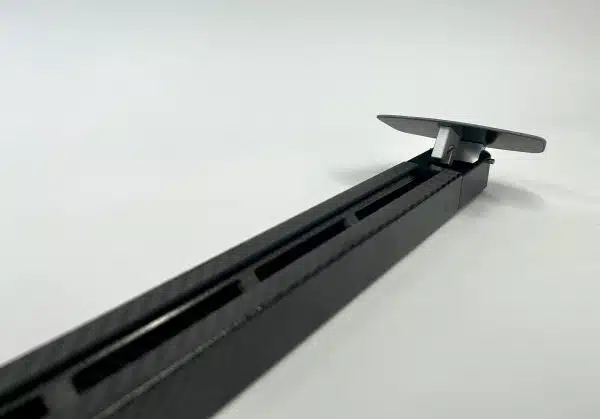 Lightweight reinforced plastic cups without carbon caps on the updated Onehundred Boardz carbon mast track, optimized for reliability and weight savings.